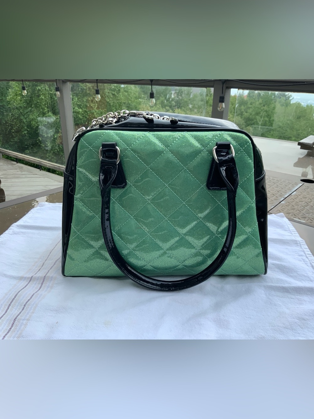 LUX DE VILLE Purse, Retro 50's Handbag, Lime Green & Black Patent